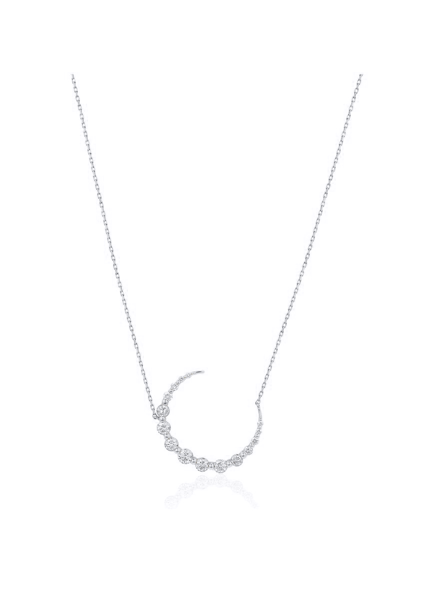 ELURA crescent diamond necklace — fifteen floating diamonds in a curve, 18k white gold